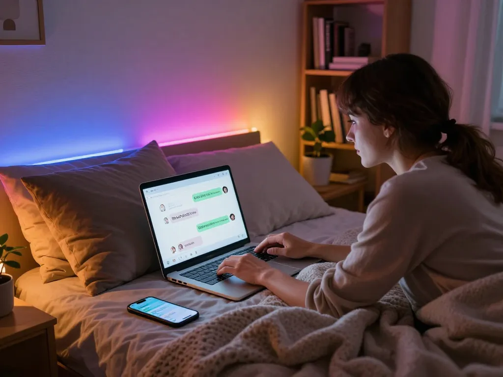 Engaging in an NSFW AI chat on a laptop while relaxing in bed