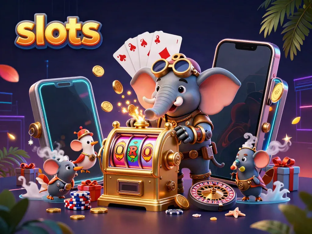 Spin and win with slots in this vibrant steampunk-themed 3D illustration.