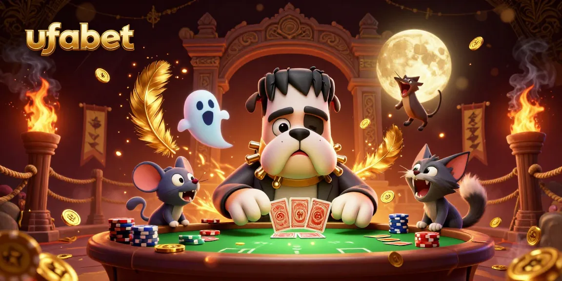 Place bets with ufabet at a spooky casino table, guided by a Frankenstein bulldog dealer.