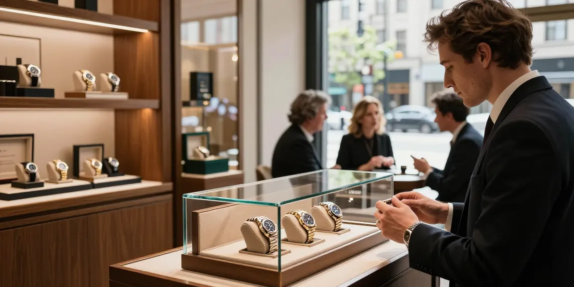Showcasing a luxury rolex replica in a stylish urban watch shop.