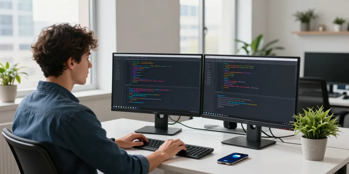 Focused workspace demonstrating telegram中文版下载 integration, featuring a developer coding on dual monitors.