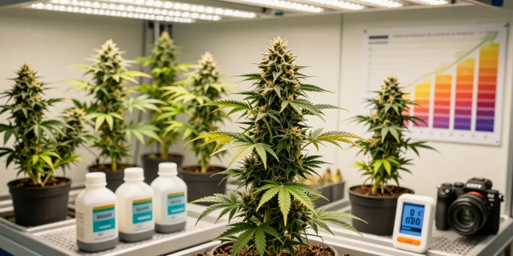 Vibrant triploid cannabis genetics in a lush indoor growth environment, showcasing advanced cultivation with rich foliage and developing buds.