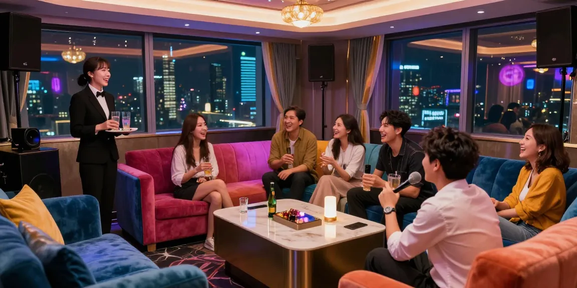 Gangnam 가라오케 scene with friends enjoying premium karaoke experience in a lively atmosphere