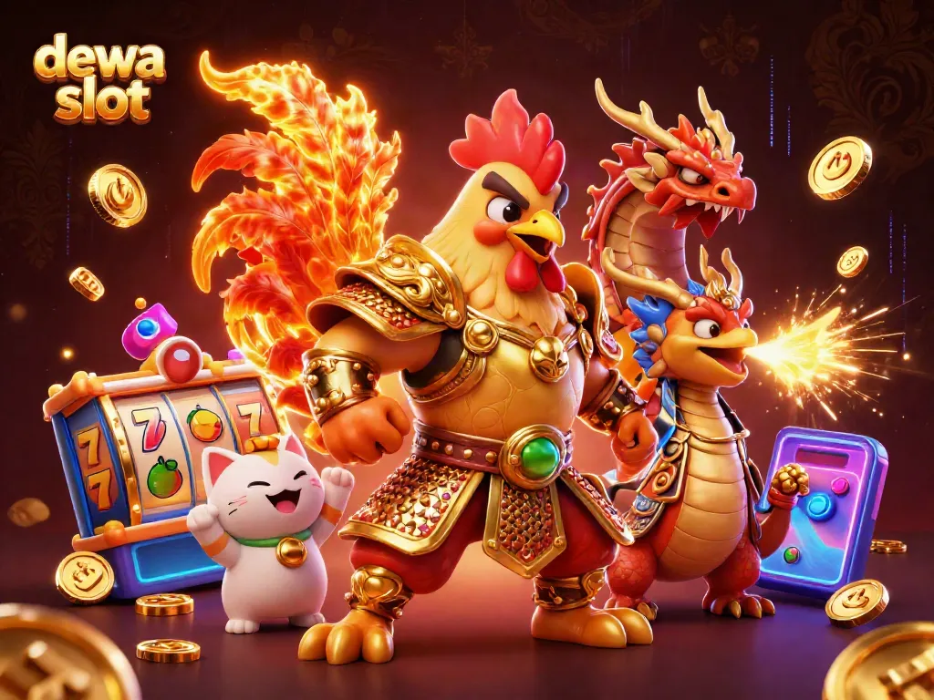 Menang di dewa slot dengan simbol buah dan jackpot, ilustrasi kasino yang menarik.