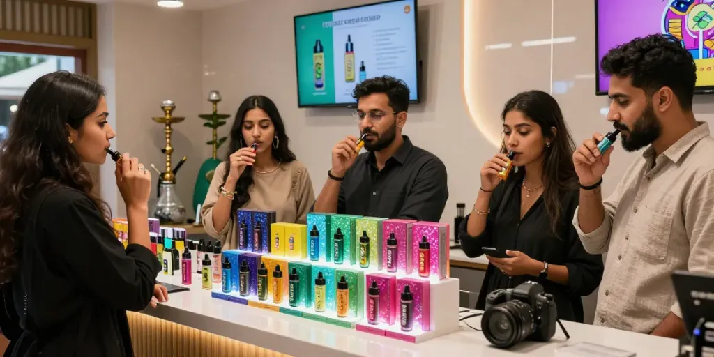 Erlebe den unverwechselbaren Geschmack von al fakher grape mint 8000 in einem lebhaften Vape-Shop mit verschiedenen Produkten und glücklichen Kunden.