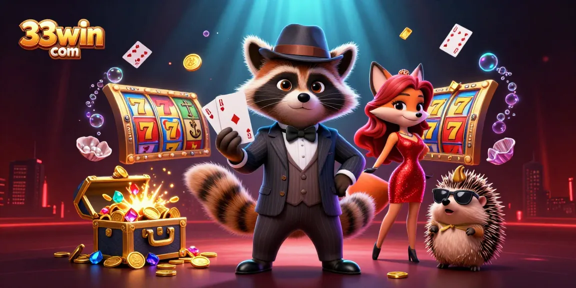 Experience thrilling wins at 33win com with cartoon characters enjoying casino fun amidst gold and gems.