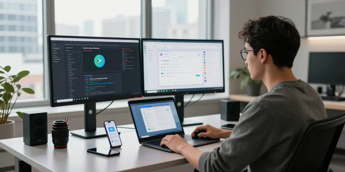 Developer working on Telegram Download project at a modern tech workspace with dual monitors and smartphone notifications.