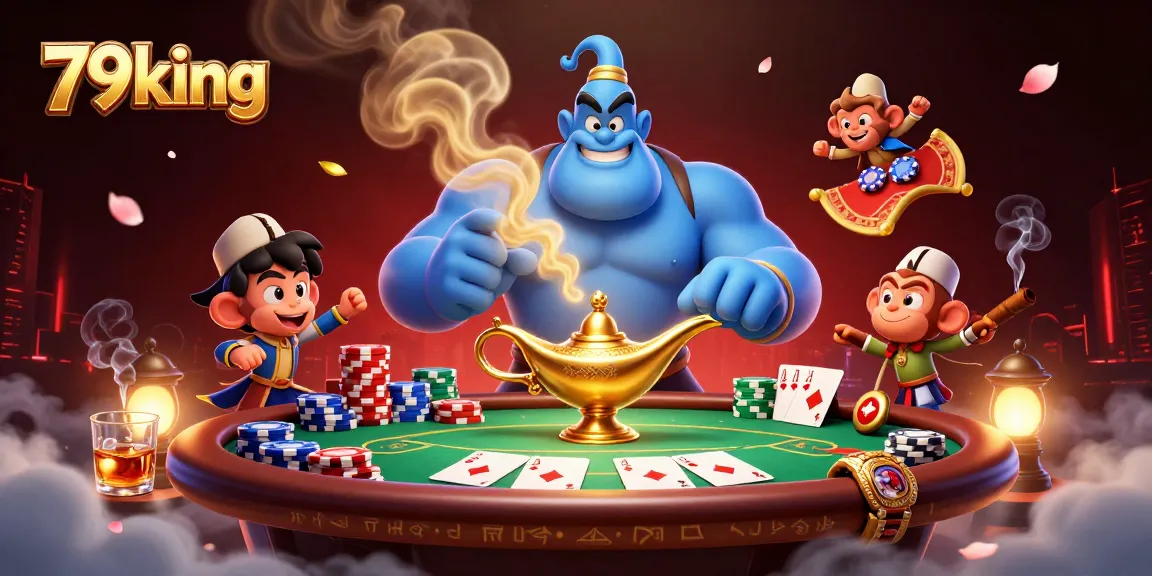 Engage in thrilling gaming adventures at 79king with a vibrant 3D casino illustration featuring poker elements and a magical genie.