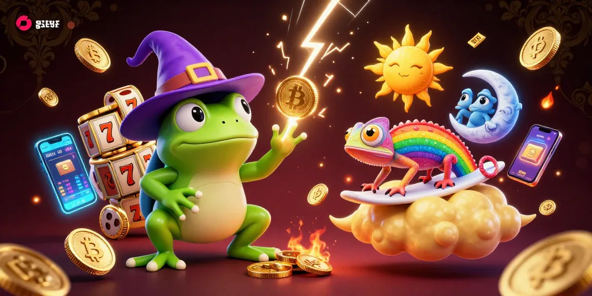 Spark winning at situs gacor with vibrant 3D illustration of a wizard frog and chameleon surrounded by coins and slot elements.
