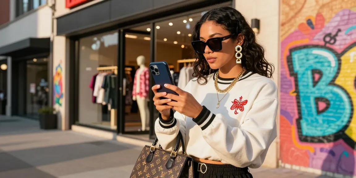 Fashion influencer showcasing stylish 레플리카 streetwear in an urban setting.