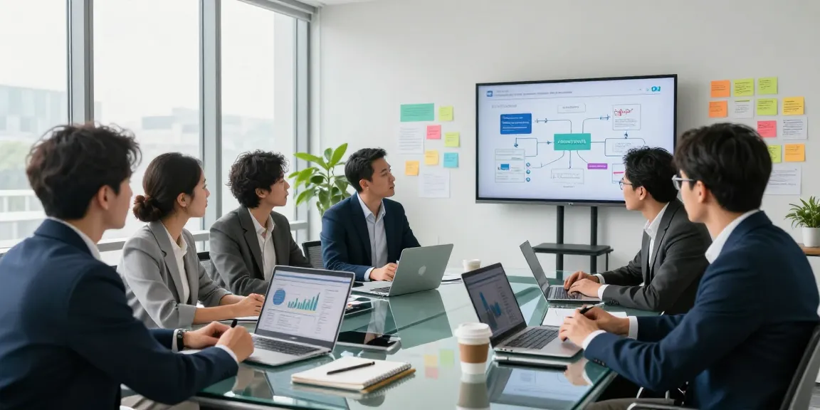 Collaborative team strategizing asset tracing in a modern office environment.