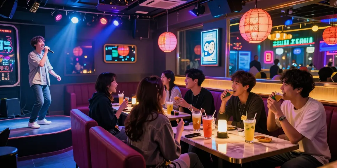 Experience 제주유흥 in Jeju's lively nightlife with friends enjoying karaoke and vibrant atmosphere.
