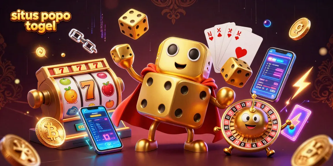 Engage in action with situs popo togel as a golden dice golem juggles while showcasing slot and crypto elements in 3D.