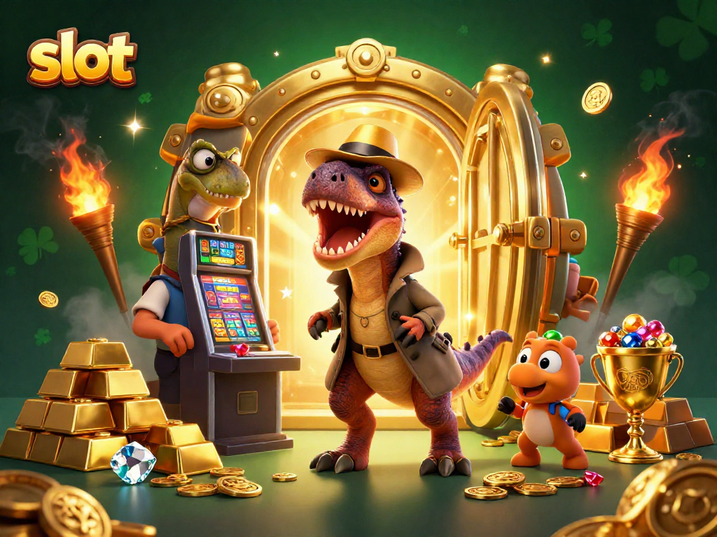 Slot mesin dikelilingi oleh karakter kartun 3D yang sedang bermain dan mencuri koin di dalam kasino.
