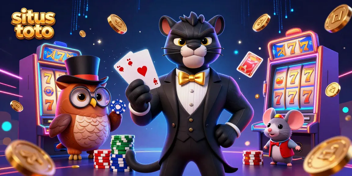 Engage in situs toto gaming with an illustration showcasing a stylish panther, an owl with chips, and a lucky mouse.