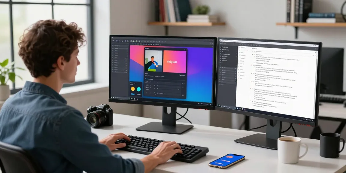 Engaging workspace showcasing Snipaste下载 on dual monitors, highlighting productivity tools in a modern tech office environment.