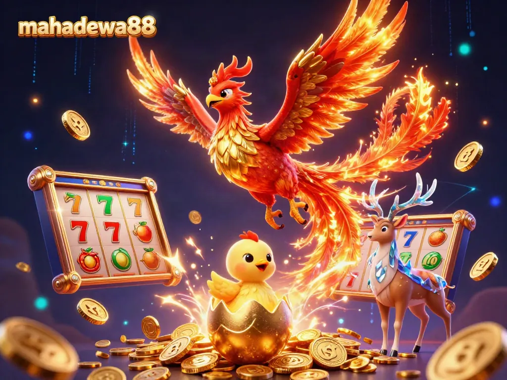 Experience the thrill of mahadewa88 as a fire phoenix and baby chick soar over exciting slot game elements.