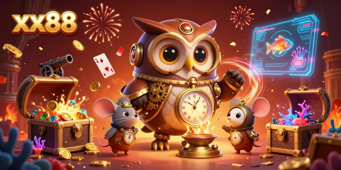 Experience thrilling gambling adventures with xx88 in this vibrant 3D casino illustration featuring steampunk elements and underwater treasures.