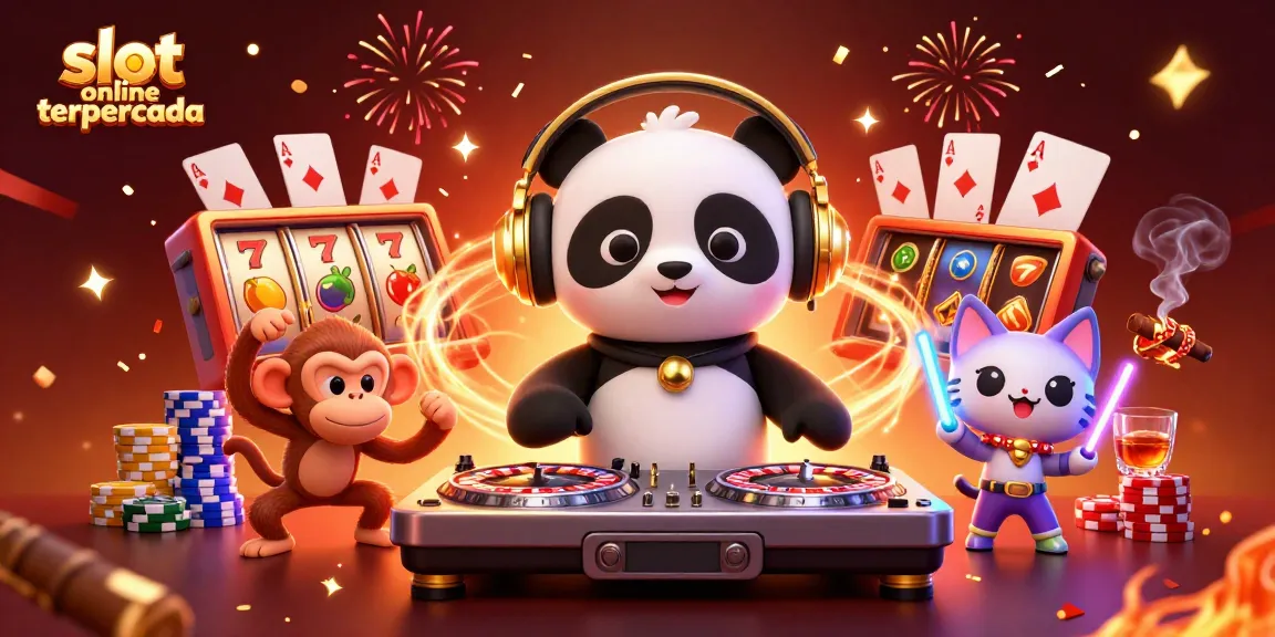 Visualisasi permainan slot online terpercaya dengan DJ panda, monyet, dan kucing bersinar.