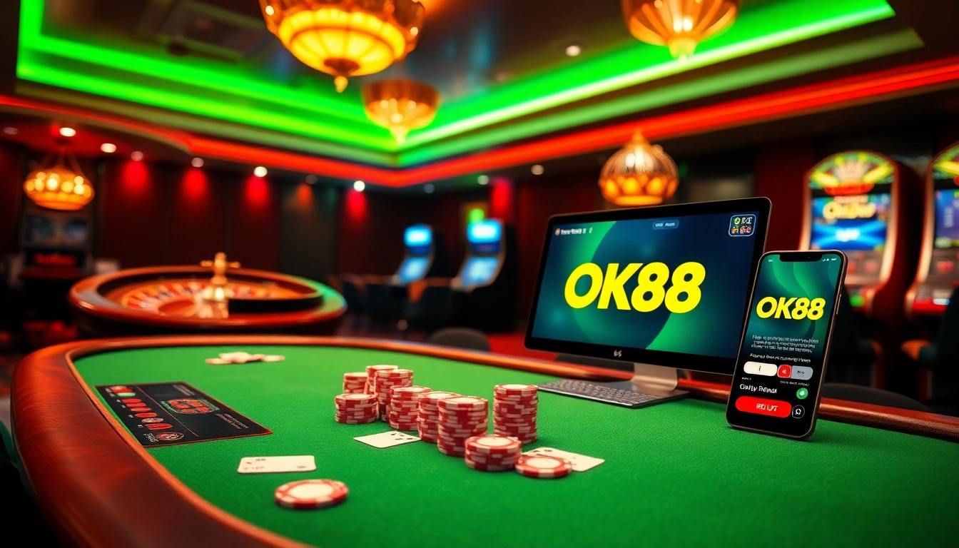 Gamble wisely at OK88, featuring vibrant poker table and engaging online interface.