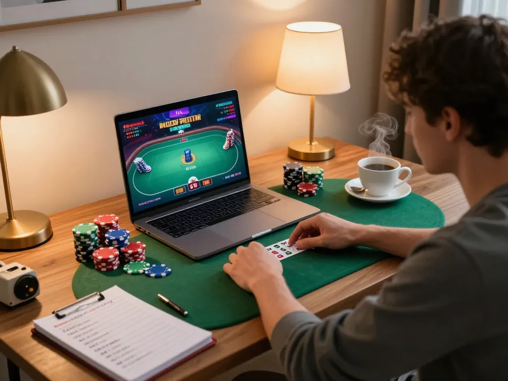 Player engaging in online poker gameplay with fly88 on a laptop at home