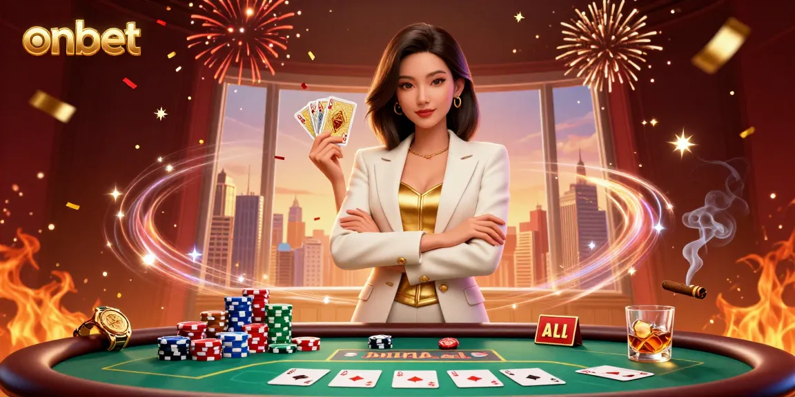 Experience the excitement of onbet with a glamorous scene of a powerful Asian woman showcasing her poker skills among vibrant casino imagery.