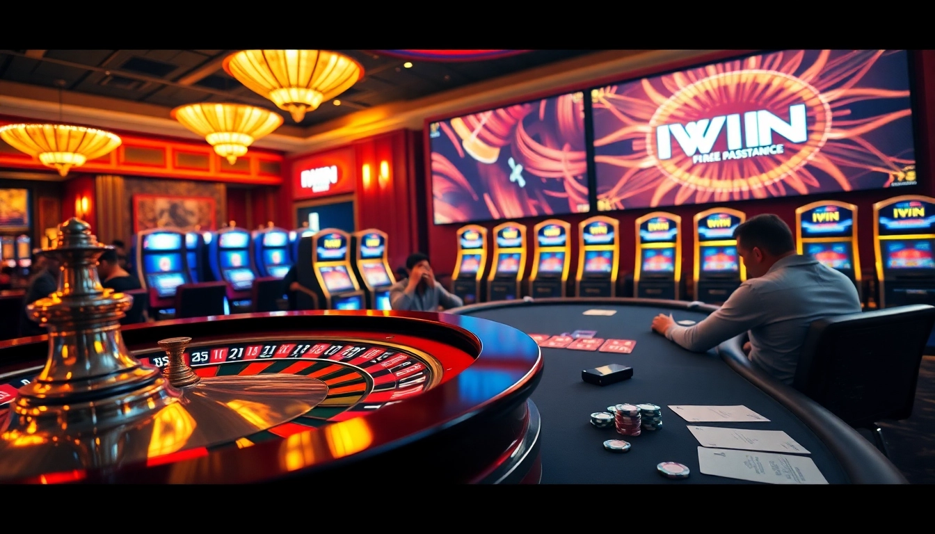 IWIN showcases an exciting casino atmosphere with a vibrant roulette wheel and engaged players.