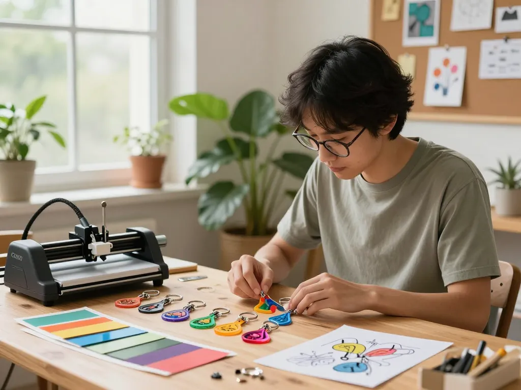 Showcase of customized key chains in a creative workspace with designer engaged in vibrant product design.