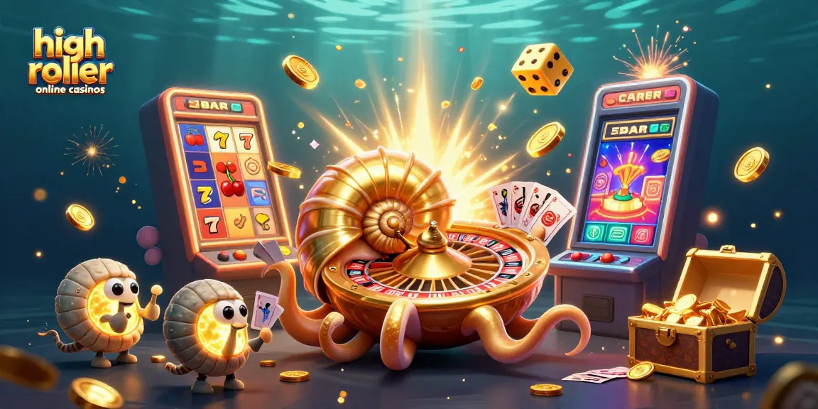 Experience high roller online casinos with vibrant slots, cards, and golden treasures in an engaging scene.