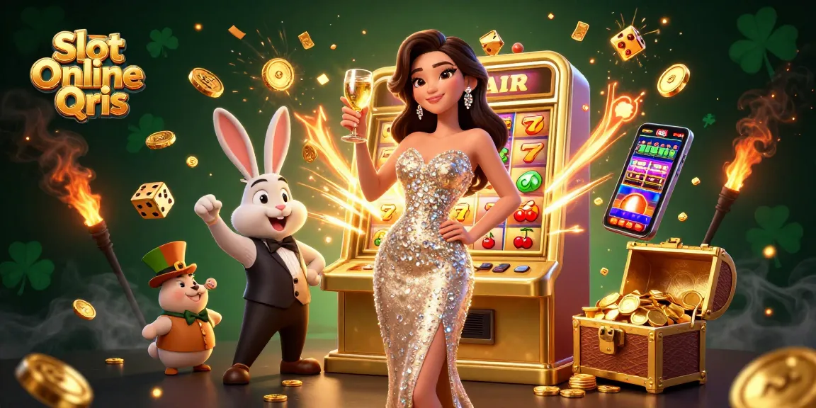 Experience thrilling Slot Online Qris action with a stunning woman celebrating jackpots and lucky symbols.