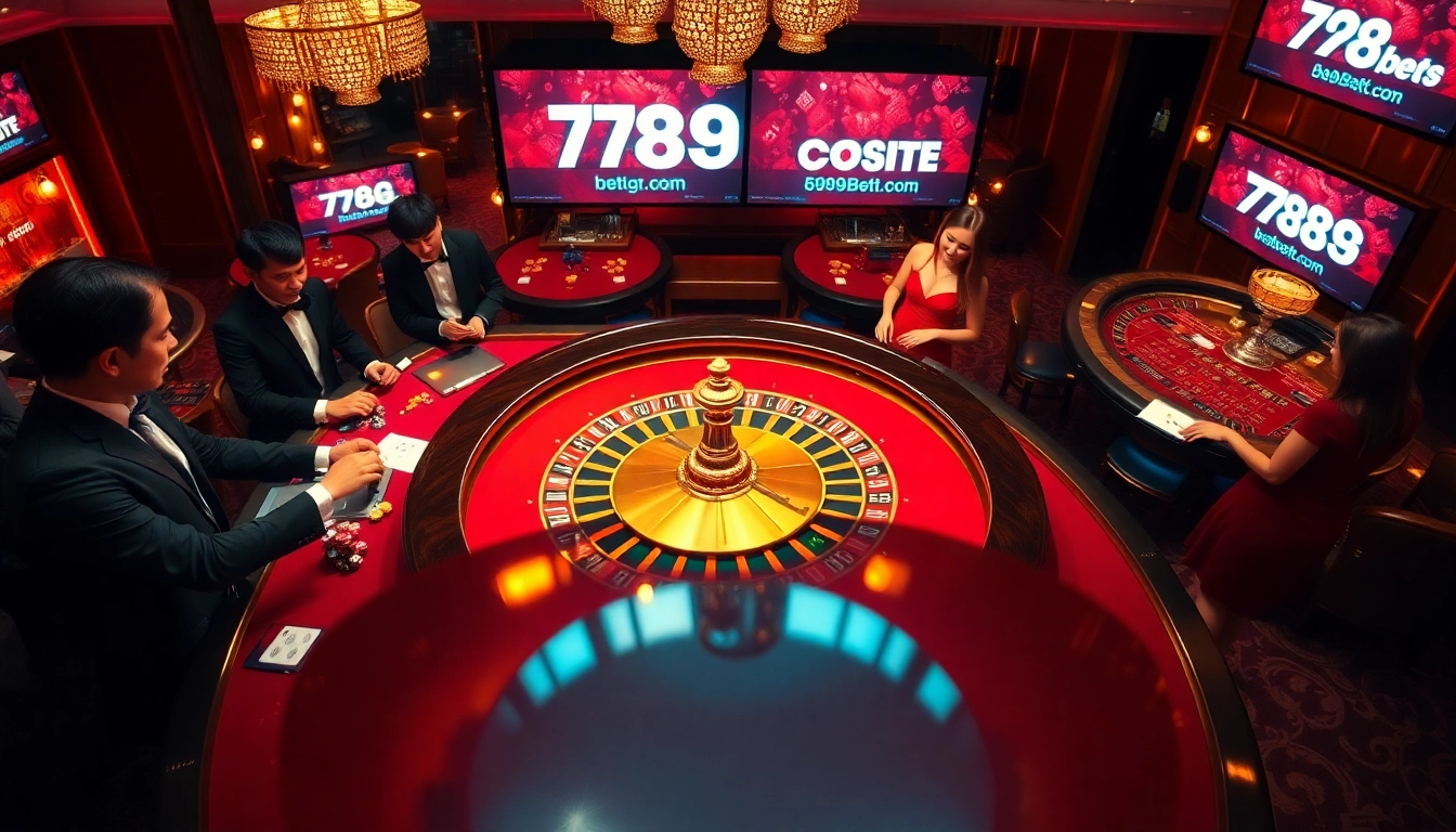 Experience thrilling gameplay at https://789betg.com/ showcasing a luxury casino atmosphere with roulette table and eager players.