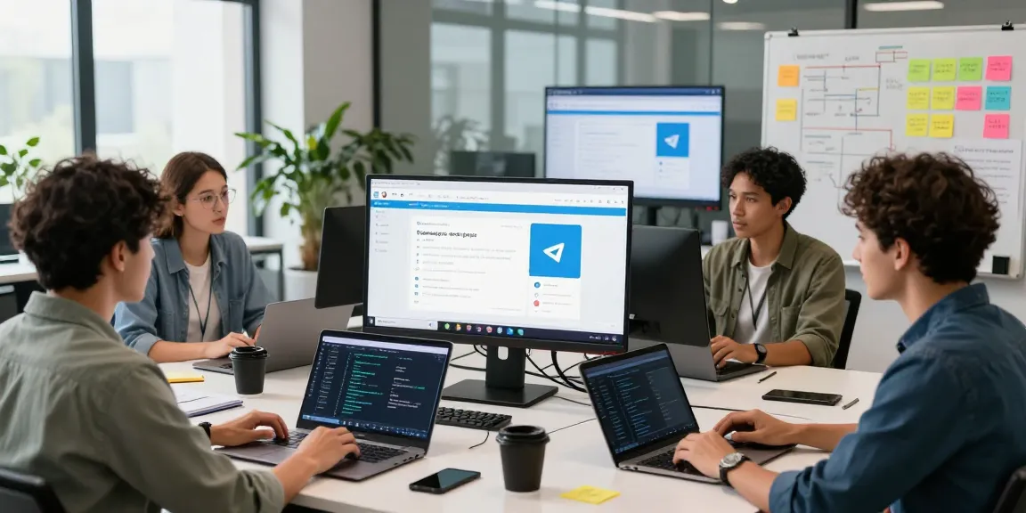 Collaborative workspace discussing telegram中文版下载, showcasing diverse professionals engaged in technology.