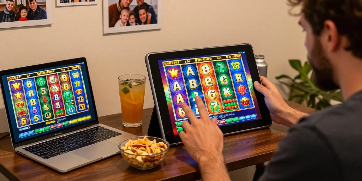 Engaging in slot depo 1k gaming experience at home, showing excitement and colorful graphics.
