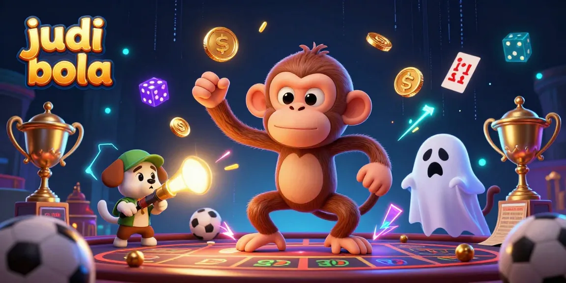 Engage in judi bola with this vibrant 3D illustration featuring a playful monkey and a curious puppy in a haunted casino.