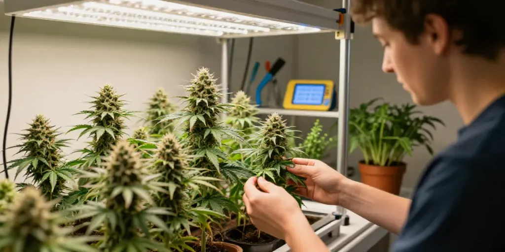 Feminisierten Cannabissamen kaufen in einem gut beleuchteten Anbauraum mit üppigen Pflanzen.
