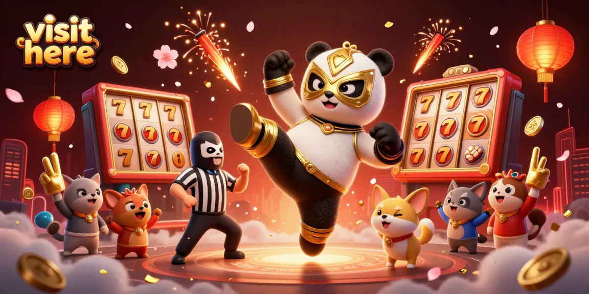 Experience thrilling casino excitement as you visit here for online slots, witnessing a panda's spectacular kick amidst festive gaming elements.