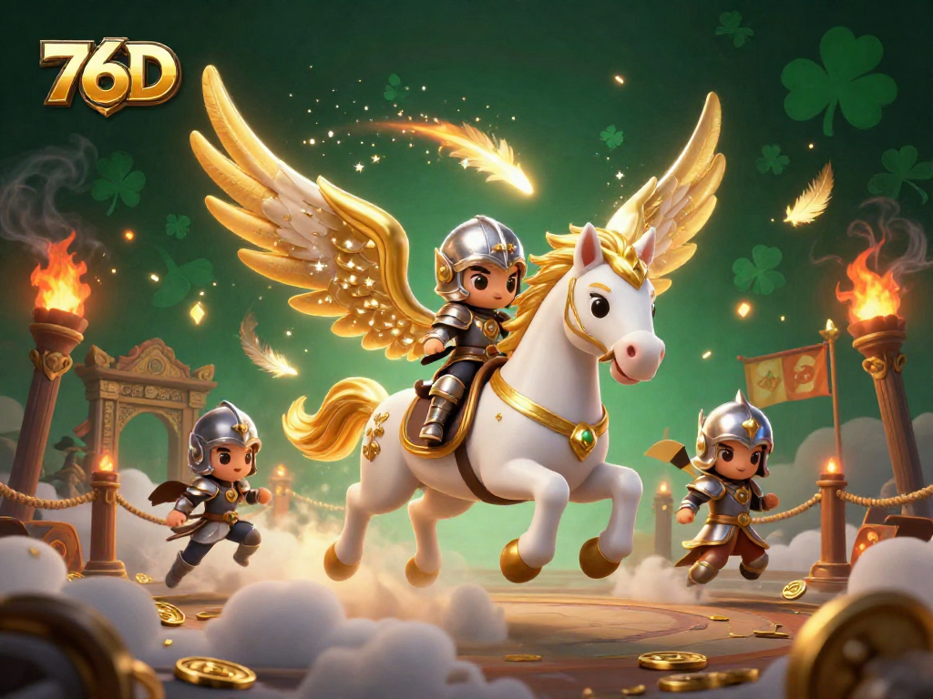 Jogadores apostando no 76D em um cassino vibrante, com um cavalo celestial e moedas douradas.