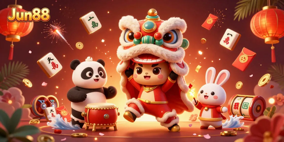 Engage with Jun88's vibrant online casino culture through lively visuals of festive characters and game elements.