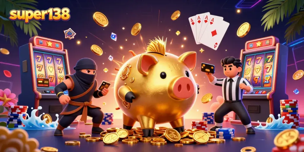 Experience exciting gameplay at super138 with an enormous golden piggy bank and playful casino elements.