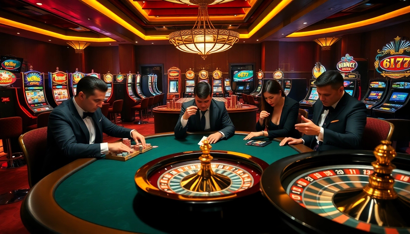 Experience the thrill of 6L777 at a luxurious casino table surrounded by eager players and vibrant slot machines.