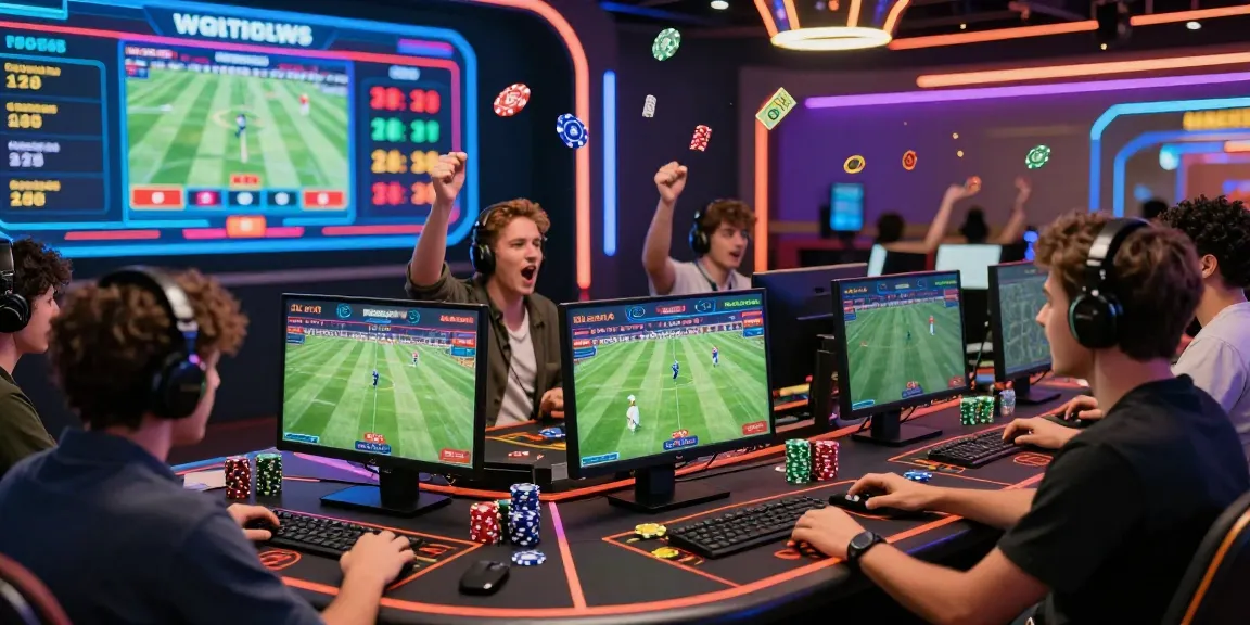 Diverse players enjoying online gaming and placing bets on football matches in a vibrant digital casino, encouraging readers to 閱讀更多 about their experiences.