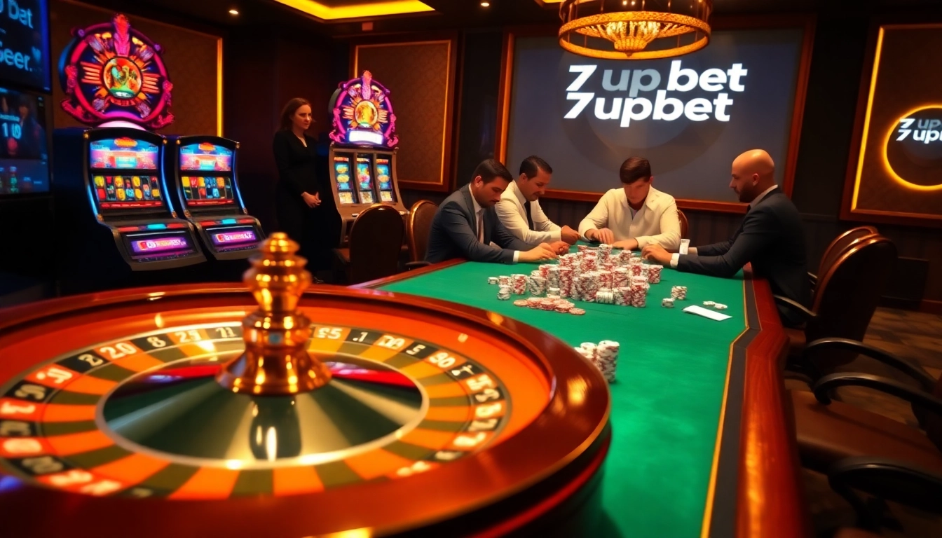 Experience the thrill of 7upbet with vibrant casino tables, chips, and a roulette wheel.