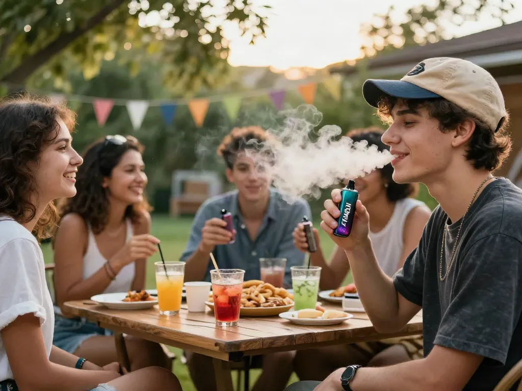 Group enjoying Hitz Infinity Gen 7 disposable vapes at an outdoor gathering, with vibrant atmosphere and warm lighting.
