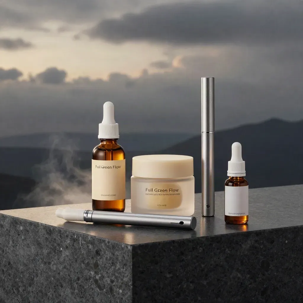 CBD wellness kit on basalt plinth with amber bottles, tins, and soft cream-lit haze.