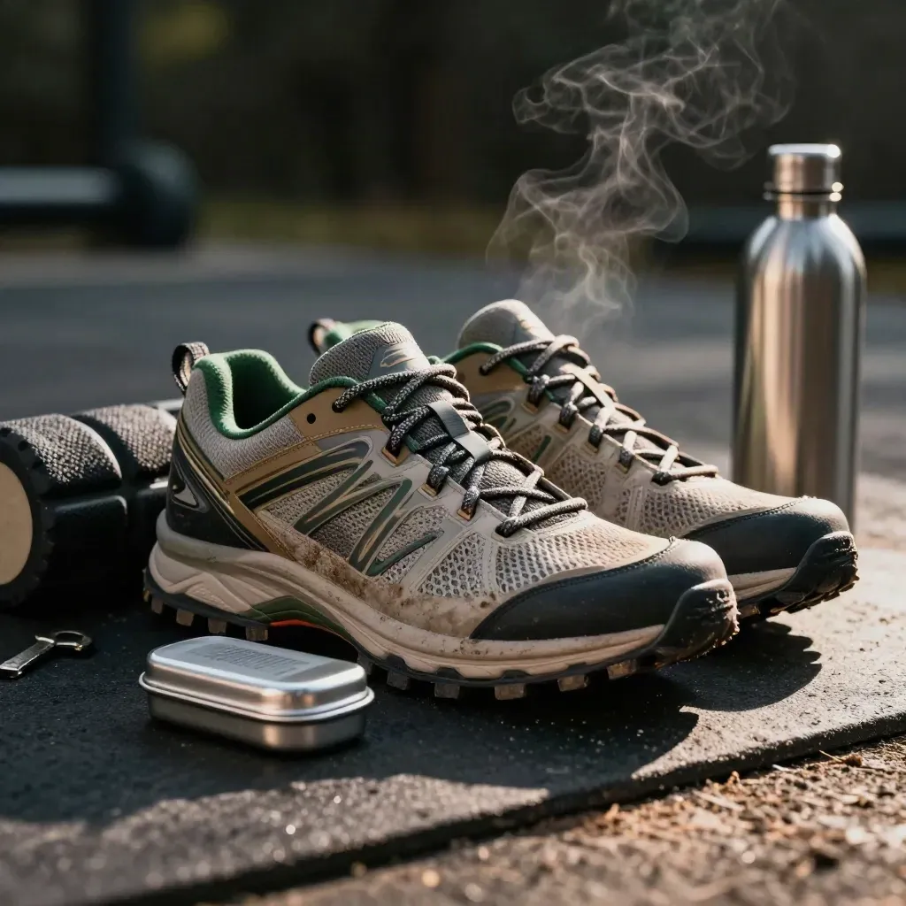 Trail shoes, balm tin, foam roller, and steel bottle on a rubber mat in dramatic studio light.