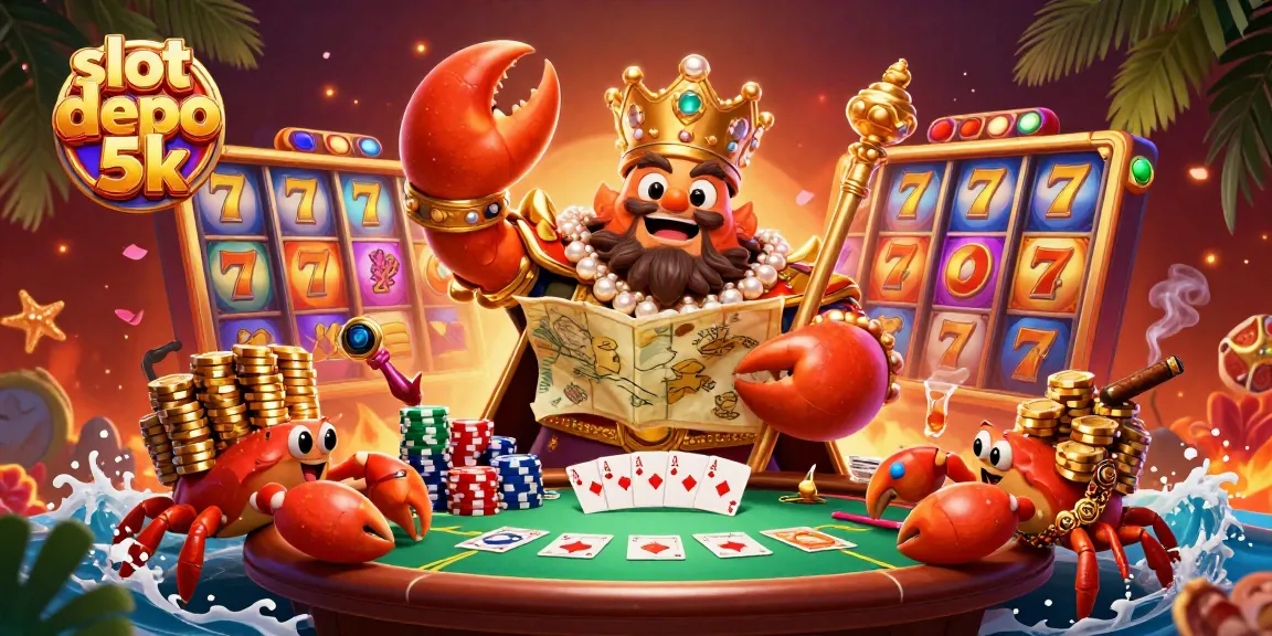 Play slot depo 5k with vibrant themes featuring a golden crab and dynamic casino elements.