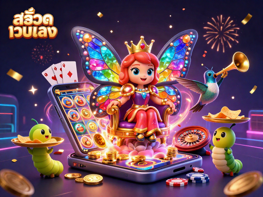 Play สล็อตเว็บตรง with colorful slot game elements and a vibrant casino atmosphere.