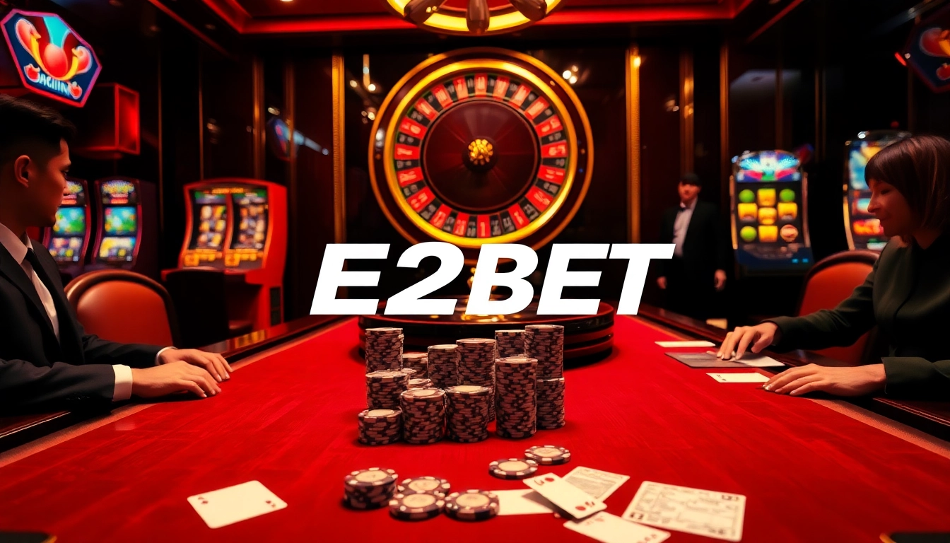E2BET poker game in a luxurious casino ambiance with poker chips and a roulette wheel