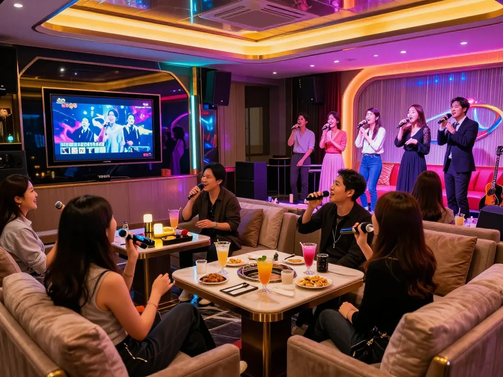Experience vibrant nightlife at www.3no.org with friends enjoying karaoke in a luxurious lounge.