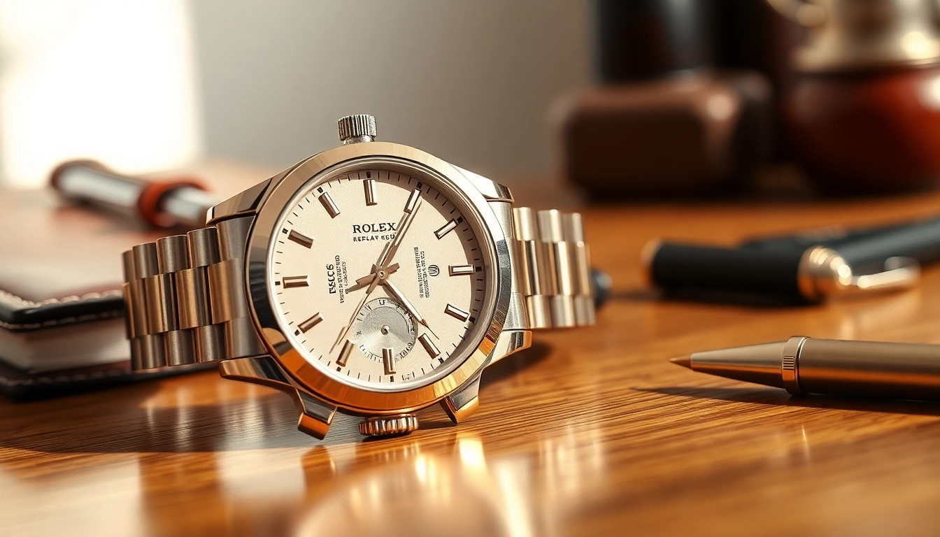 Showcasing a detailed rolex replica wristwatch in an elegant setting, highlighting its luxury craftsmanship.